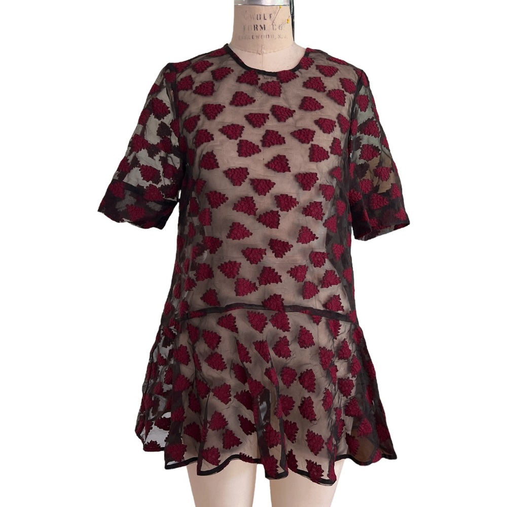 Lela Rosa Black Mesh Embroidered Top Short Sleeve